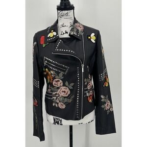 Bagatelle Embroidered Moto Jacket Size Medium Black Floral Studded Faux Leather